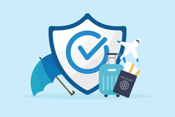 Suitcase, location pin, passport and boarding pass with protection Shield vector illustration. Concepts Travel insurance, financial business, risk emergency medicals planning management and assurance.