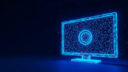A futuristic concept representing digital technology and connectivity. The outline of a computer monitor is formed by a luminous blue polygonal mesh with connected nodes, suggesting data flow or a