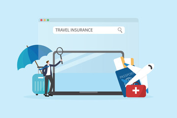 Businessman searching travel insurance vector illustration. Concepts insurance agent service, insurance business, risk management, emergency planning, medicals support and abroad trip assurance.