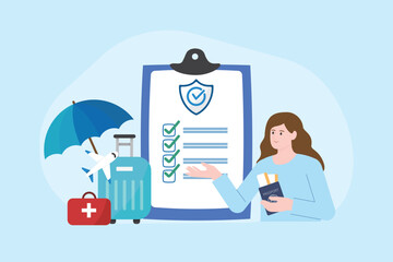 Woman present insurance policy vector illustration. Concepts Travel insurance, travel agent, insurance business, risk management, emergency planning, medicals support and abroad trip assurance.