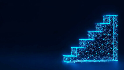 A 3D rendering of abstract digital stairs, constructed from interconnected lines and glowing blue nodes, set against a dark blue gradient background. This futuristic design represents concepts of
