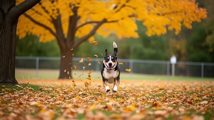A happy black and white dog runs through a park covered in vibrant autumn leaves under a yellow tree.