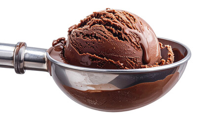 A scoop of chocolate dessert held in a metal serving utensil