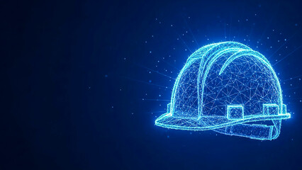 A futuristic wireframe model of a hard hat glows with vibrant blue energy particles against a deep blue backdrop. This digital representation signifies innovation, safety protocols, and the