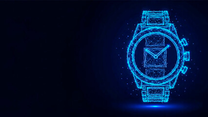 A futuristic, wireframe representation of a wristwatch, rendered in glowing neon blue lines and particles against a dark, starry background. This abstract digital art symbolizes modern technology