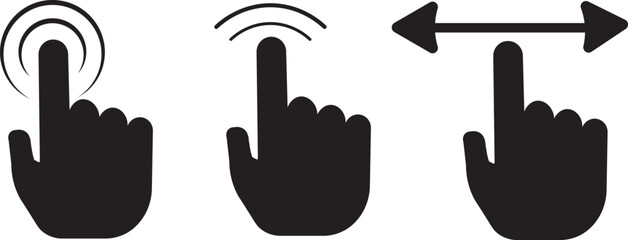 Touch gesture icon set, solid black user interface interaction symbols, vector cartoon illustration with transparent background,