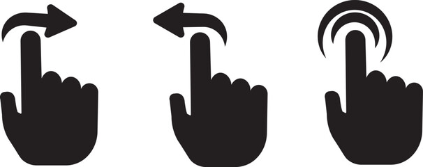Touch gesture icon set, solid black user interface interaction symbols, vector cartoon illustration with transparent background,