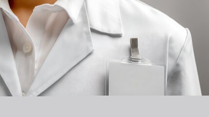 Close-up of a professional in a white lab coat with a blank ID badge.