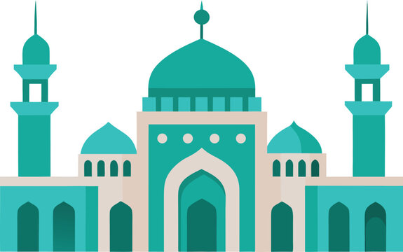 A stylized flat design illustration of a mosque building with teal domes and tall minarets