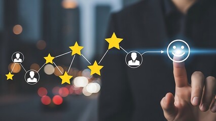 Man in suit interacting with virtual network of people and stars