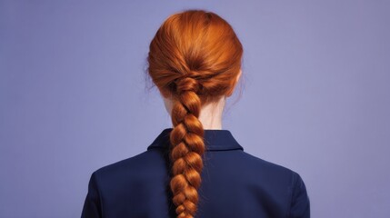 A woman with braided red hair faces away from the viewer against a solid blue backdrop,