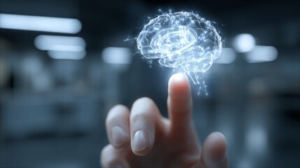 Futuristic concept of technology with a digital brain hovering above a finger.