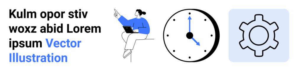 Person working on a laptop while pointing outward, analog clock showing time, gear icon symbolizing tools and processes. Ideal for productivity, time management, workflow, planning, organization