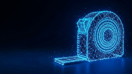 A glowing blue wireframe representation of a tape measure, rendered in a polygonal mesh style against a dark background with scattered bokeh lights. This digital art signifies innovation