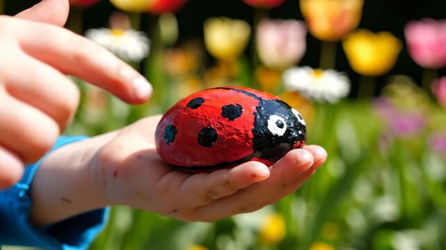 Child Touching Painted Ladybug Rock in Garden