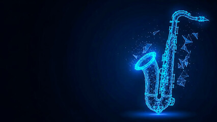 A neon blue wireframe model of a saxophone floats on a dark blue background. Particles and abstract geometric shapes, like triangles and lines, surround the instrument, suggesting a digital or