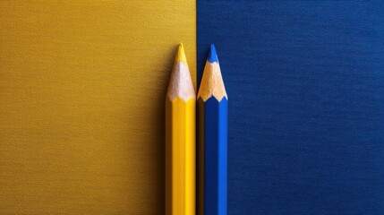 Two pencils, one yellow and one blue, placed on contrasting vibrant backgrounds, left side yellow and right side blue,