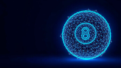 A stylized, luminous blue 8ball formed from interconnected nodes and lines, representing digital data or a virtual object. The abstract design emphasizes technology and modern concepts.