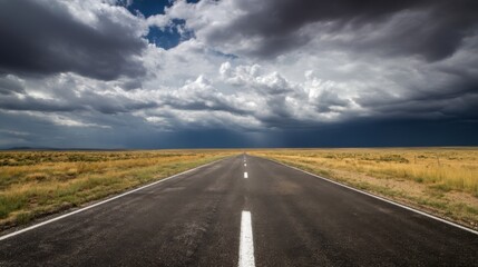 A straight black asphalt road stretches across a vast grassland under heavy gray clouds,