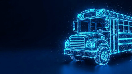 A detailed 3D render of a school bus constructed from a glowing blue neon wireframe. The vehicle is illuminated against a deep dark background, with small sparkling particles scattered around
