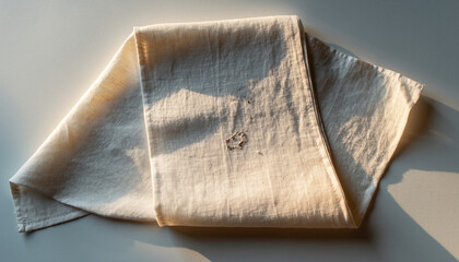 A folded piece of light-colored fabric with a small embroidered detail, casting a shadow on a flat surface.