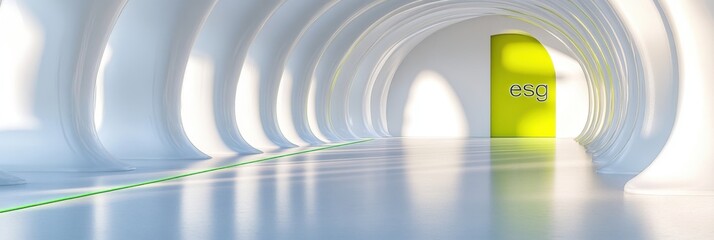 Obraz premium Futuristic minimal corridor with glowing floor lines and a green-lit door marked ESG symbolizing corporate sustainability