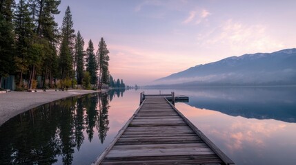 Fototapeta premium Expansive tranquil lake with a long wooden pier reflecting beautifully in calm water,