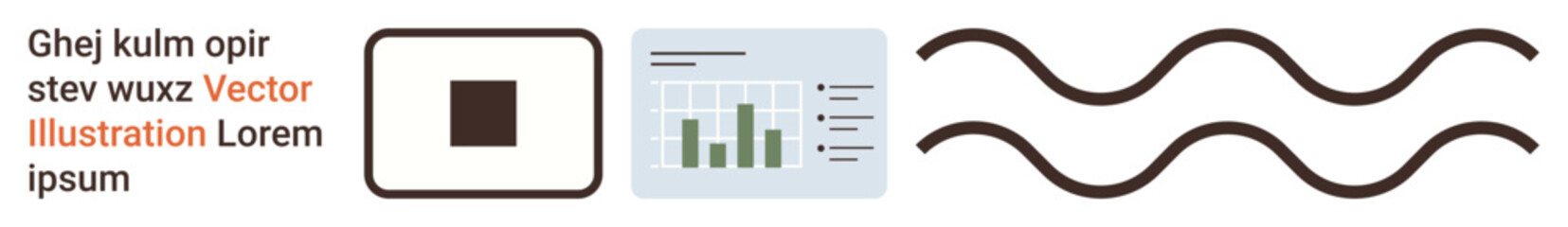 Data analysis, communication, information visualization, business reporting, abstract design, minimalism. Square on the left, bar chart in the center wavy lines on the right. Data analysis