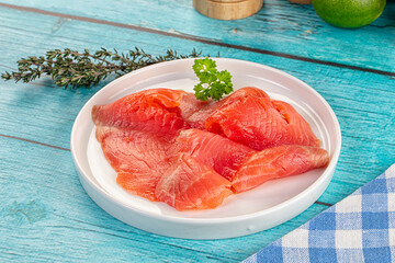 Delicous sliced salmon fillet  ready to eat