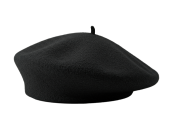 a classic black felt french beret with cabillou detail, captured in a macro studio product shot against a transparent background with shallow dof, concept of timeless french fashion