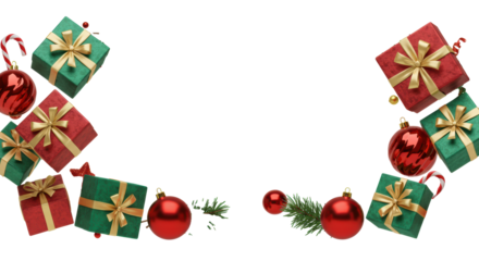 Dynamic, panoramic border of luxurious christmas gifts and glossy red baubles bursting onto a high-key white background with copy space for text. Concept for high-end holiday advertising