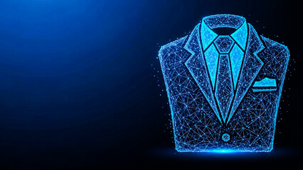 A closeup, wireframe illustration of a blue business suit, tie, and pocket square rendered in a digital network or constellation style against a dark blue background with subtle bokeh effects.
