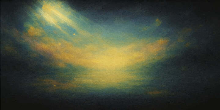 Abstract motion background with light rays piercing through a dark stormy sky and textured blue clouds over a moonlit ocean space