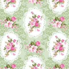 Shabby Chic Pink Roses and Lace Ovals on Damask Background