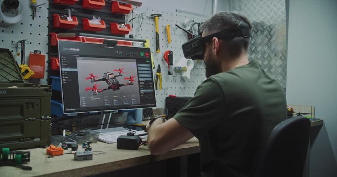 Man Designing and Assembling Drones. Engineer Wearing FPV Goggles Simultaneously Designing Drone on Screen and Assembling Workbench. Concept of Advanced Research and Development in Drone Technology.