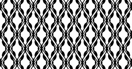 Black and white geometric seamless pattern with repeating curved shapes forming a bold symmetrical design.