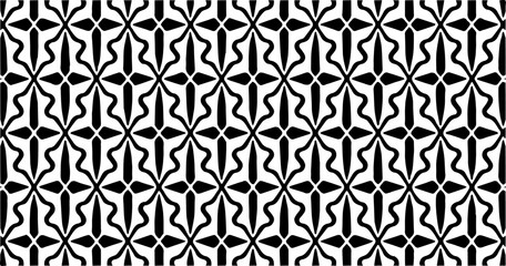 Black and white geometric seamless pattern with repeating abstract forms creating a clean symmetrical layout.