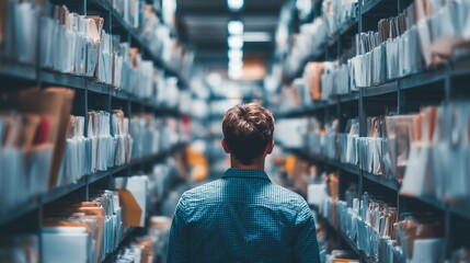 Person standing between archive shelf rows holding file folder, symbolizing legal hold compliance audit review and evidence preservation.