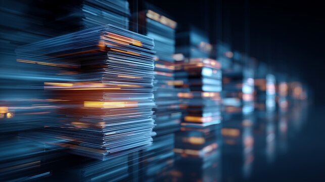 Stacked glowing data block representing digital asset flow, enterprise content management and information governance in a secure digital governance environment.