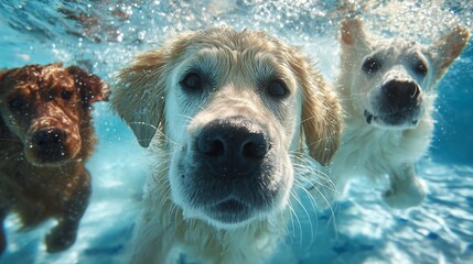 Dog swimming underwater toward camera, playful retriever with splash and two companion dog in clear pool, joyful aquatic activity and exercise.