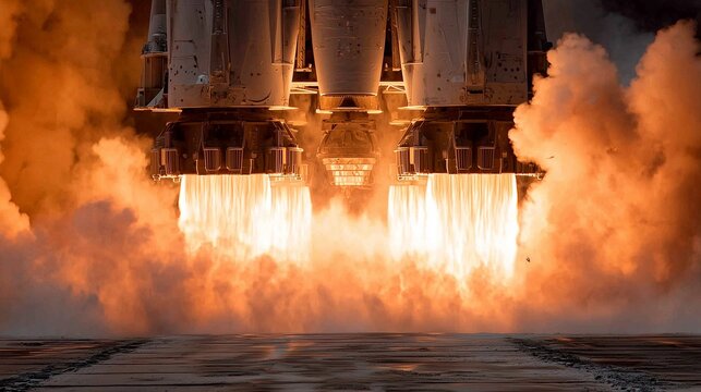 Close-up of rocket engine ignition during spaceflight launch showing flame, exhaust and plume, conveys power, propulsion and liftoff energy.