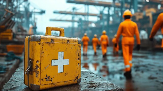 Close-up of yellow first aid box standing on the wet ground of an industrial port construction site with workers in orange protective clothing, workplace health, emergency safety, accident prevention.