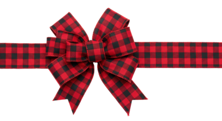 high-contrast red and black buffalo check plaid fabric gift bow, macro flat lay, crisp loops, isolated on white void, abundant copy space. concept for festive decoration and wrapping