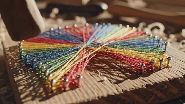 Colorful String Art on Wood Board With Nails, Close Up