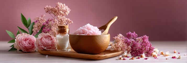 Pink bath salt and flowers for spa wellness