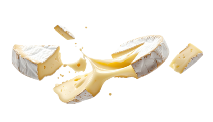Creamy cheese erupting into pieces, against a stark black background