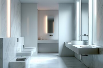 Minimalist white bathroom interior with modern sink and soft lighting