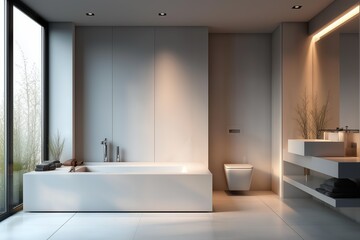 Minimalist white bathroom interior with modern sink and soft lighting