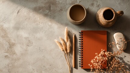 Minimalist workspace flat lay with raw concrete desk, pampas grass planner and earthy ceramic mug in warm ochre palette