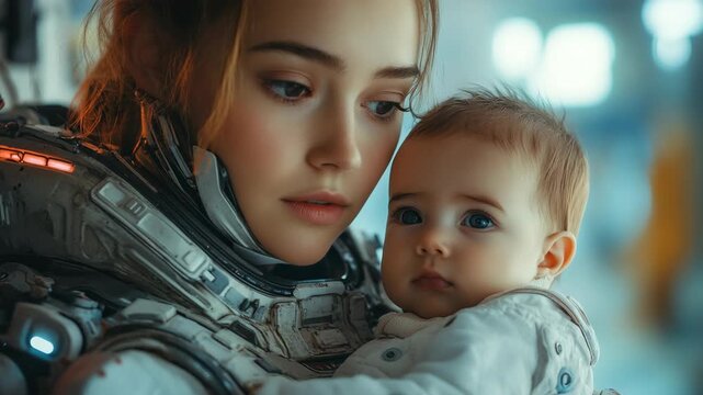 Futuristic female astronaut holding baby in advanced space suit, artificial intelligence, future motherhood, human connection, sci-fi concept, technology evolution, love and emotional innovation.